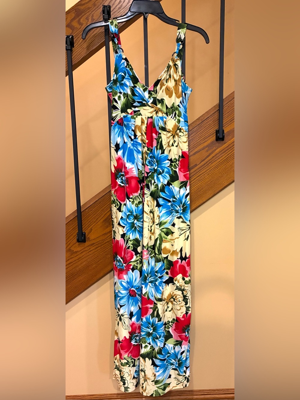 Alyn Paige Dress Maxi V-Neck Strappy Sleeveless Knit Stretch tropical multi SZ.S